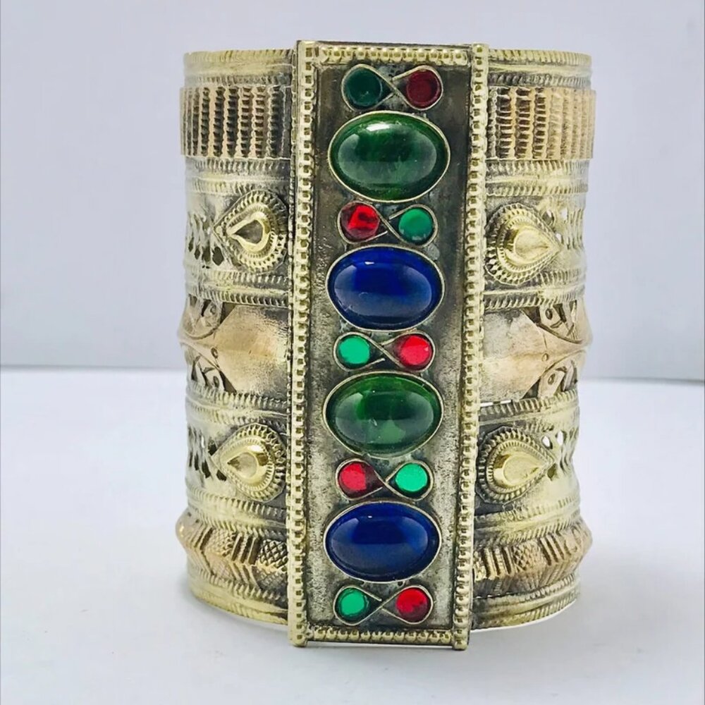 Single Vintage Cuff Bracelet With Green and Blue Glass Stones